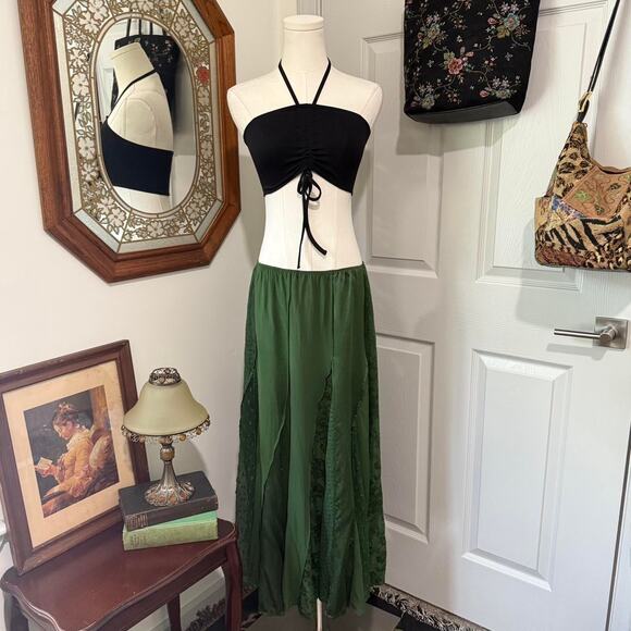 Monsoon Forest Green Pleated Patchwork Silk Blend Fairycore Maxi Skirt 6/S - Picture 3 of 8